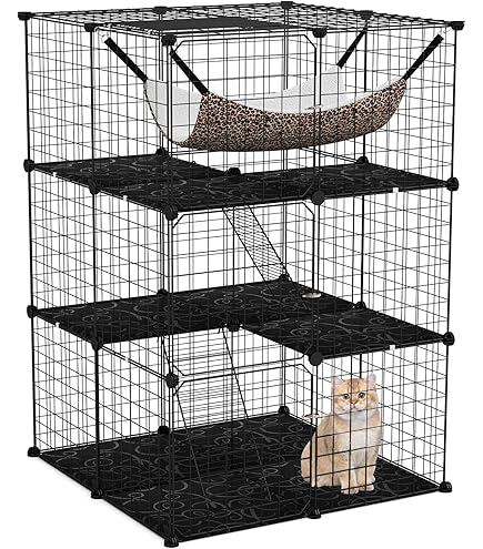ybaymy Grote kattenkooi met 4 niveaus, inklapbare kattenkooi met 360 roterende wielen, helling, ladders, balkon, binnen en buiten, metalen kooi voor 1-3 katten, 90 x 55 x 125 cm