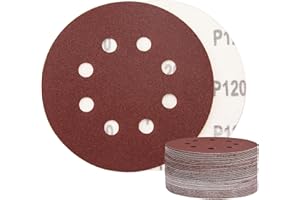 WISYOK 50 pezzi Carta Abrasiva 125mm 8 Fori 120 Graniglie, Dischi Abrasivi Velcrati, Rotondi di Carta Vetrata, Carta Vetrata in Rosso per Levigatrice