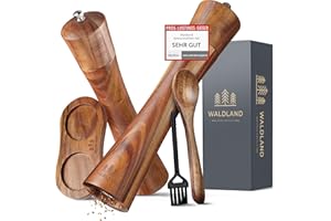 WALDLAND® Salz und Pfeffermühle aus Holz mit Untersetzer Gross (21 cm) | Gewürzmühlen mit hochleistungs - Keramikmahlwerk | Pfeffer und Salzmühle Set