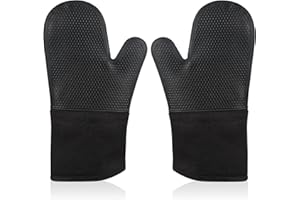 Micacorn Oven Gloves, Waterproof Heat Resistant Extra Long Silicone Mitts, Long Cotton Cuffs Non-slip Oven Mitts with Soft Cotton Filling for Baking Cooking BBQ Easy to Clean and Store(Black)