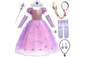 CNEXMIN Fille Robe De Princesse Raiponce Deguisement Raiponce Enfant Costume De Raiponce Avec 8 Accessoires Rapunzel Robe Anniversaire FêTe Halloween NoëL Partie Carnaval Cosplay Robe De Soirée 2-12 Ans