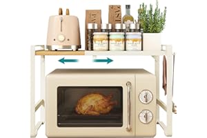 ‎SONGMICS SONGMICS Erweiterbares Mikrowellen Regal, Mikrowellenständer, 41,5-64 cm verstellbare Breite, Küchenregal für Arbeitsplatte, Stahl und Bambus, 4 Haken, cremeweiß-naturbeige KCS060W01