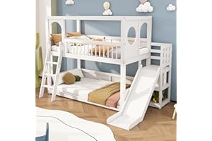 Becag Kinderbett Etagenbett 90x200 cm für 2 Kinder, Hochbett mit Leitern und Rutschen, Hausbett Holzbett mit Regalen Stauraum, Bettgestell mit Rausfallschutz und Lattenrost, Ohne Matratze, Weiß