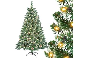 ‎SOONTRANS Soontrans Weihnachtsbaum mit Beleuchtung, Winterzauber Serie, Künstlicher Weihnachtsbaum mit Kunstschnee Beschichtung & 250 LEDs & 28 Tannenzapfen & 570 Zweigen & Metallständer, aus PVC (H180 cm)