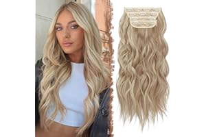 FESHFEN Doczepy z klipsem 4 szt Grube kawałki włosów Długie faliste doczepki z klipsem 50 cm Treski z włókna syntetycznego na całą głowę dla kobiet, Karmelowy brąz Mieszany beżowy blond