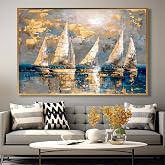 Yağlı Boya Dokulu Tablo Modern Denizde Yelkenliler Altın &Ccedil;er&ccedil;eveli 90 x 120 cm U06035