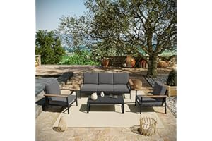 AVRIL PARIS Salon de Jardin Extérieur en Aluminium et Bois Composite 5 Places- Gris et Anthracite - Ensemble Meuble Salon Complet – 1 Canapé 3 Places – 2 Fauteuils et 1 Table Basse – Coussins Déhoussables - SOLEA