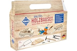 Pebaro 465 Holzbauset im Tragegriff-Karton, 25 Teile, praktische Kofferverpackung, für kreative Baumeister, inkl. Vollholz Naturstäben und Werkzeug, Basteln, Geschenkidee für Kinder