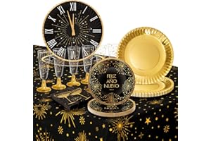 OH YEAH - Kit Vajilla Desechable 12 Personas Nochevieja - 78 Piezas - Negro y Oro - Platos, Vasos y Servilletas Fin de Año - Decoración Mesa Festivas Happy New Year - Detalles Dorados Metalizados