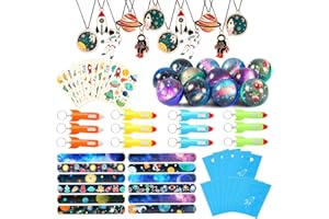 vamei 72 Stück Mitgebsel Kindergeburtstag Weltraum Rakete Schlüsselanhänger Halskette Schnapparmband Kinder Tattoos Flummis Weltraum Galaxy Astronaut Party Geschenktüten Mitgebsel Junge Gastgeschenke