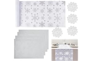 KIKAWORD White Snowflake Christmas Table Runner, Festive Christmas Table Runners 9 Pcs Set with 1 Long Table Mat+4 Placemats+4 Coasters with Silver Snowflake Pattern for Home Dining Room Parties