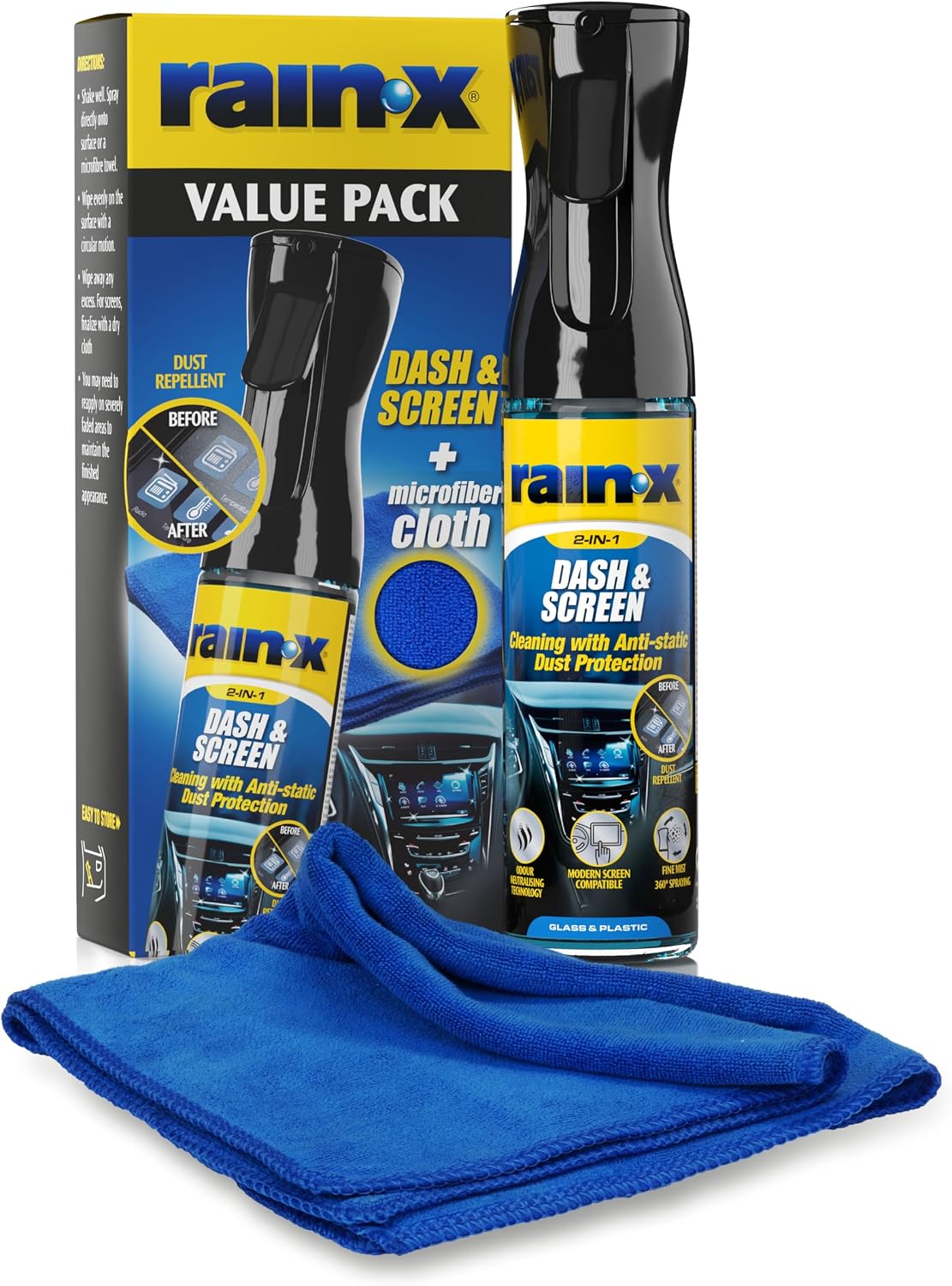 Rain-X Limpiador y Protector Premium para Salpicaderos y Pantallas – Fórmula Antihuellas con Recubrimiento Antiestático para Vidrio, Plástico y Superficies Delicadas + Paño de Microfibra – 300 ml