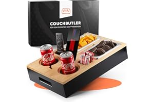 NEWHABITAT Couchbar Snackbox aus Bambus Personalisierbar inkl. Geschenkbox | Sofa Tablett mit 2 Snackschalen, 2 Getränkehalter mit Untersetzer, magnetischer Deckel, Handyhalterung