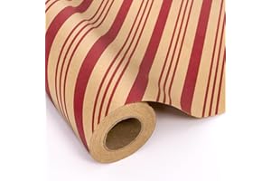 Toptime Rouleau Papier Cadeau Noel, 10 m x 43 cm Papier Cadeau Kraft Rouleau avec Motif à Bande Rouge, Emballage Cadeau Noel Vintage Marron, Papier Cadeaux de Noël pour Nouvel An, Anniversaire, Fête