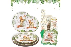 JURCICAT Zestaw zastawy stołowej Jungle Safari dla 20 gości Jednorazowa zastawa stołowa 100 sztuk Zielone złote papierowe talerzyki Serwetki Kubki Słomki dla dzieci Urodziny Baby Shower Zwierzęta leśne Dekoracja przyjęcia urodzinowego