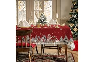 AIBIIN Nappe de Noël, Bonhomme de Neige, Flocons de Neige, Maison, sapins de Noël, Rouge, Lavable pour Salle à Manger, Pique-Nique, fête, décoration de Table, Fournitures de Table, 142 x 259 cm