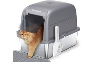 MeoWant Katzenklo Edelstahl Mit Deckel, 81 L Großes Kapazität Abnehmbare Dreischichtige Geschlossene Geruchsdichte Katzentoilette Edelstahl, Edelstahl Katzenklo Mit Pedals, Schaufel Und Matte(Grau)