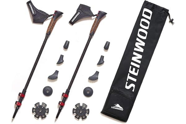 Steinwood Premium 100% Carbone bâtons de Marche Nordique réglables avec télescope et Fermeture à Pince avec Embouts en Caoutchouc supplémentaires et Sac de Transport, Multicolore