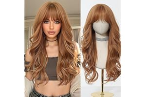 Esmee Longue perruque Ondulée Blonde Fraise avec Frange pour Femme Perruque Bouclée en Cheveux Naturels Synthétiques Résistants à la Chaleur pour la Fête et l'usage Quotidien