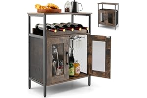 GYMAX Cantinetta Vino, Portabottiglie di Vino per 5 Bottiglie Rimovibile, 6 Porta Calici, Mobile da Bar, Credenza in Rete Metallica per Cucina, Sala da Pranzo, Industriale, 60 x 34 x 79 cm
