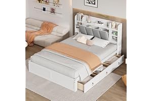 Aoskem Bett 140x200 cm Doppelbett Kinderbett mit Stauraum 3 Schubladen, Kopfteil mit Regal & Ablagefach, Holzbett Stauraumbett Jugendbett Flachbett, Bettgestell mit Lattenrost, Ohne Matratze, Weiß