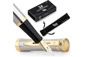 Wordsworth & Black Juego de plumas estilográficas punta media con 24 cartuchos de tinta, un convertidor para la recarga de tinta y un Bolsa de regalo, caligrafía (Oro Plateado)