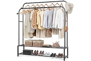 JOISCOPE Perchero con 2 Barras para Ropa, Estante de Pared Que Ahorra Espacio, Perchero de Metal Multifuncional con 2 Estante y 4 Ganchos, Sala de Estar, Dormitorio, 111x150.5cm Negro