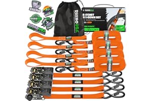 ‎RHINO USA Rhino USA Spanngurte mit Ratsche und Haken (4 Pack) - 800 kg Reißfestigkeit - 2.5cm x 4.6m - Gurte für Materialtransport Umzüge - Zurrgurt mit Ratsche - Ratschen Set Orange