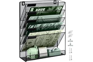 ideallife 6 Tier A4 Wall Mounted Document Holder for Wall or Desktop, Metal Mesh Hanging Wall File Folder Organiser for Paper, Mails, Books, Newspapers, Magazine, Letter - Black