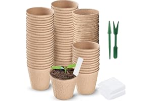 WY8 100 Piece 8CM Round Biodegradable Organic Fibre Seedling Pots for Plant Cultivation – Compostable Containers Easy to Transplant Ideal for Garden & Greenhouse Starter Items with 100 White Labels