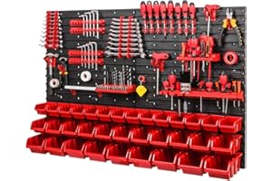 PAFEN Pared de herramientas con cajas apilables de 1152 x 780 mm - KIT de sistema de almacenamiento, juego de soportes para herramientas y 34 unidades de cajas - Estantería de pared, estantería de taller