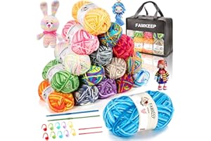 FAMKEEP Laine à Tricoter pour Crochet, 16x40g Couleurs Laine à Tricoter Multicolores Acrylique,Fil à Crochet 5 Plis avec 2 Crochets et Sac de Rangement,Pour Artisanat Faits à la Main