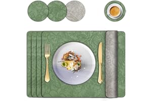 IAGORYUE Placemats and Coaster Sets 4, Dual-Sided Leather Floral Place Mats 43x30 cm, Heat Resistant Non-Slip Washable, Waterproof Kitchen Coffee Table Mats for Home Dining Table Restaurant Hotel (Green Grey)