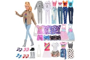 CARREUTY 21 Pcs Doll Clothes for 11.5 Inch Dolls Compatible with Barbie 6 Outfits Leather Jacket Set Sportswear Casual Wear Dress Set Retro Denim Set Fashion Set Loungewear 6 Shoes 1 Bag for Girls Gift