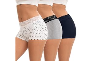 INNERSY Boxer Shorts Women Cotton Ladies Boxers Underwear Mid-rise Lace Boyshort Panties Pack of 3