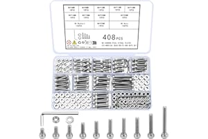 Ewwtrey 408 Pcs M4 Bolts and Nuts Set, Nuts and Bolts Set, Hex Socket Cap Head Screws and Washers Assorted Kit, Machine Screws for Bicycle Motorcycle Fastener Repair(Silver M4)