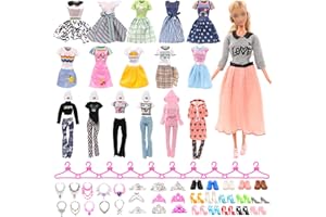 Miunana 44 Doll Clothes and Accessories for 11.5" Doll, 5 Fashion Dresses Clothes Outfits 1 Tops 1 Pants 37 Accessories Shoes Necklace Crown Hangers for 11.5 Inch Doll Girls Birthday Gifts