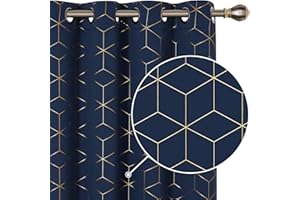 Deconovo Blackout Curtains, Gold Diamond Printed Noise Reduction Curtains, 63 Inch Drop Eyelet Curtains for Living Room, 52 x 63 Inch(Width x Length), Navy Blue, One Pair