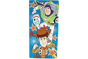 Disney Store Officiel Serviette de Plage Toy Story 4, 150 cm, Drap de Bain en Coton Doux Léger avec Impressions de Buzz, Woody et Fourchette