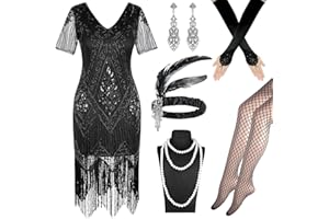 Okabay 1920s Flapper Dress & Accessories Set for Women, Great Gatsby Fringed Sequin Costume with Gloves/Socks/Headband/Jewellery for Roaring 20s Party