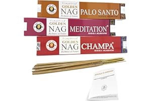 Mamami - Golden Nag Incensi - Set Essenza Spirituale - 3 x 15 gr - Palo Santo, Champa, Meditation - Incensi naturali - per Meditazione, Yoga, Rilassamento - Con manuale esclusivo Mamami™