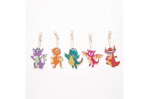 OIJOIYOI 5 Pcs 5D DIY Dinosaur Diamond Art Painting Keychains, Double Sided Full Drill Diamond Art Keyrings Pendants, Diamond Rhinestone Mosaic Painting Key Rings Chains Making Kits for Children Gifts
