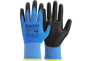 KAYGO Work Gloves PU Coated-12 Pairs, KG11PL, Safety Working Gloves with Secure Grip on Palm & Fingers, for Men and Women, Ideal for General Purpose Light Duty Work, Gardening (Large, Blue)