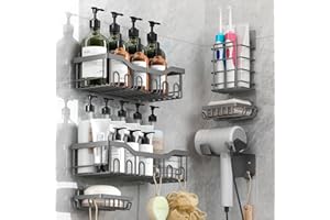 rigors 6 Piezas Estante Ducha Sin Taladro, Estanteria Baño Acero Inoxidable, Estanteria Ducha Autoadhesivo, Estantes Cesta con Ganchos Baño Estante Antióxido, para Cocina o Baño (6-Pesimista)