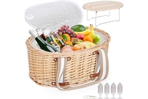 Zettfuly Picknickkorb-Set für 4 Personen – Isolierter Weidenkorb mit klappbarem Weintisch, Picknickset mit Innenfutter für Paare, Camping, Outdoor, Valentinstag (Weiße Blume)