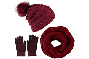 CheChury Ensemble Hiver Femme: Bonnet à Pompon, Écharpe Loop et Gants Écran Tactile Tricotés