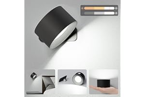 Aourow Lampade da Muro,3 Luminosità Applique a Batteria con Luce Calda/Naturale/Bianca,Tocca il Controllo Abat Jour da Muro,360 °Ruota Luci da Parete per Camera da Letto Soggiorno(Nero)
