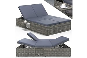 ‎CASARIA Casaria® Sonnenliege 2 Personen mit Klapptisch 7cm Auflagen Wetterfest Gartenliege 400kg Belastbar Gartenmöbel Liegestuhl Verstellbar Grau Anthrazit 200x115cm
