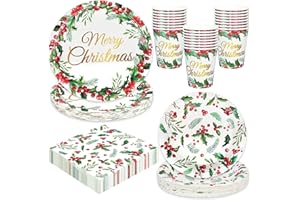 LATERN 100 Pezzi Stoviglie di Carta per Feste Natalizie, 25 x 9 Pollici Piatti Piani, 25 x 7 Pollici Piatti da Insalata, 25 x 270ml Tazze, 25 x 16CM Tovaglioli - per Natale Festività Feste Decorazioni