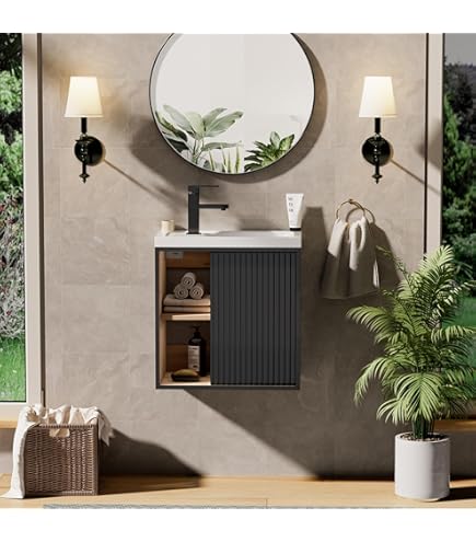 Meuble Lave Main Mural Teck Et Marbre Noir - Salle De Bain